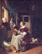 A young lacemaker is interrupted by a birdseller who offers her ware through the window